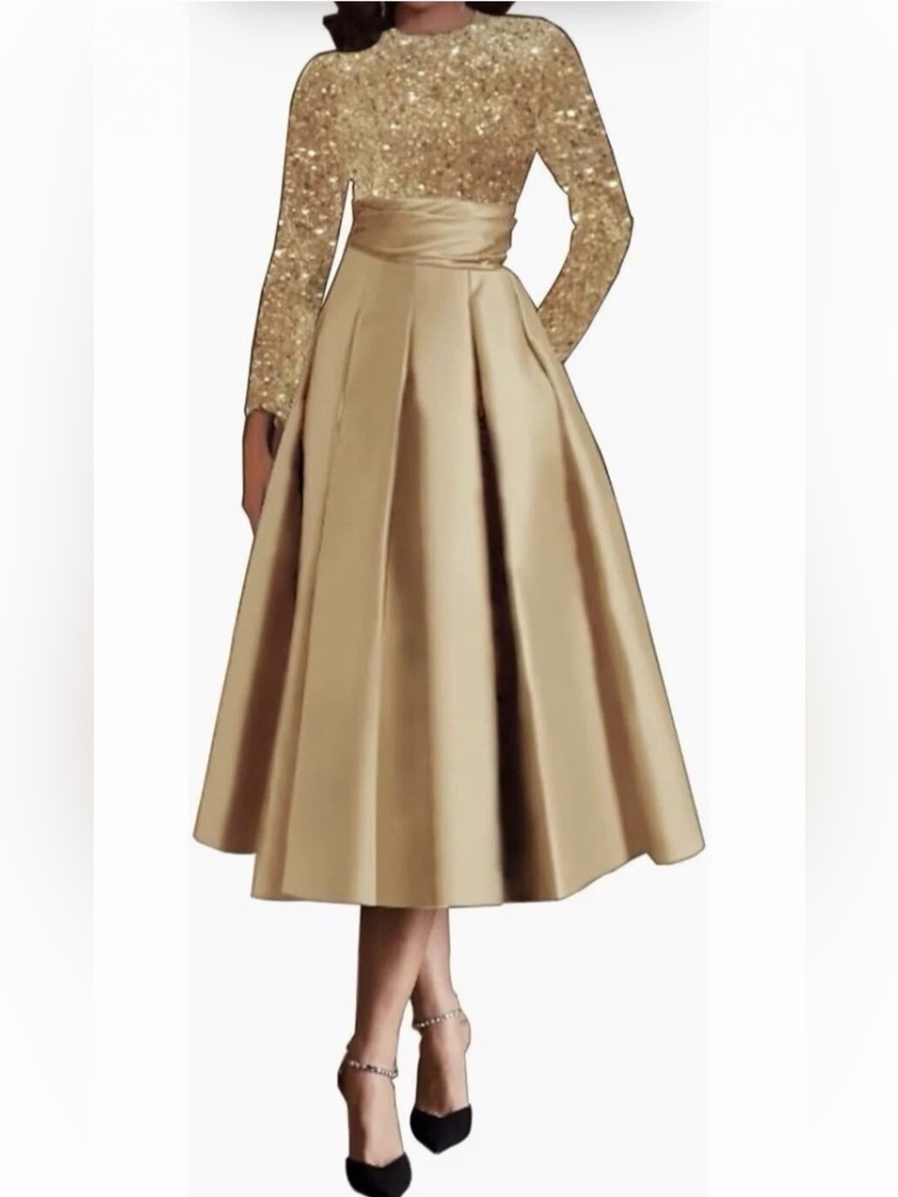 Mu Xiang Chen Gown Dress 22W–24W Gold Sequin Satin Zip Back Tea Length Pockets